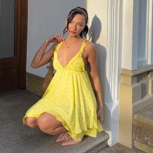 Deep V Neck Flower Dress Mesh Patchwork Beach Vacation High Waist Short Dress - Image 3