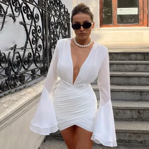 Deep V Neck Folds Lace Splice Elegant Shirt Dresses Holiday Slim Sheath Dress