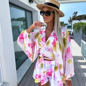 Deep V-neck Lantern Sleeve Lace-up Cropped Top And Shorts Two Piece Set Casual Beachwear - Image 7