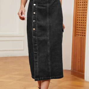 Denim Full Skirt High-Waisted Button Fly Asymmetrical Bottom Skirt - Image 2