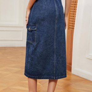 Denim Full Skirt High-Waisted Button Fly Asymmetrical Bottom Skirt - Image 9