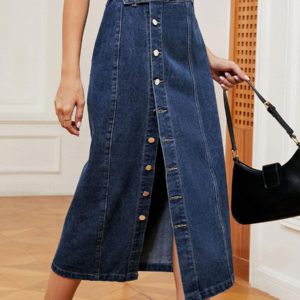 Denim Full Skirt High-Waisted Button Fly Asymmetrical Bottom Skirt - Image 8