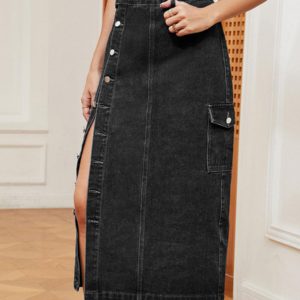 Denim Full Skirt High-Waisted Button Fly Asymmetrical Bottom Skirt - Image 4