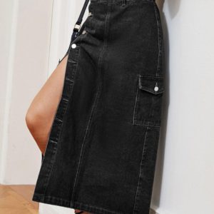 Denim Full Skirt High-Waisted Button Fly Asymmetrical Bottom Skirt - Image 3