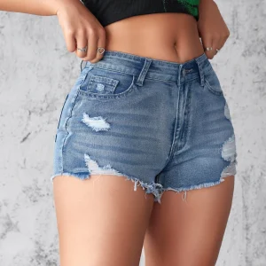 Denim Shorts Commuter Trend Broken Holes Three Quarter Casual High Waist Short - Image 2