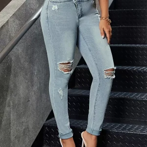 Distressed tapered fit Natural Waist Flared Denim Jeans Pant - Image 3