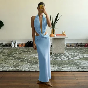 Elegant Backless Halter Bodycon Maxi Dress Sleeveless Deep V Hollow Out Club Long Dress