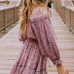 Elegant Boho Dress Jewel Neck Long Sleeves Printed Beach Dress - Image 2