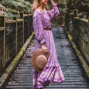 Elegant Boho Dress Jewel Neck Long Sleeves Printed Beach Dress - Image 3