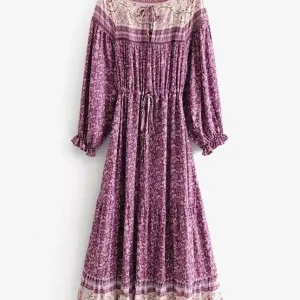 Elegant Boho Dress Jewel Neck Long Sleeves Printed Beach Dress - Image 4