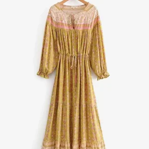 Elegant Boho Dress Jewel Neck Long Sleeves Printed Beach Dress - Image 5