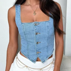 Elegant Camis Top Square Neck Buttons Chic Sleeveless Tops - Image 4