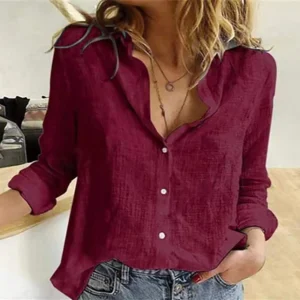 Elegant Cotton Linen Casual Solid Button Lapel Long Sleeve Loose Shirts - Image 10