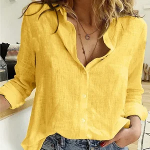 Elegant Cotton Linen Casual Solid Button Lapel Long Sleeve Loose Shirts - Image 2
