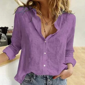 Elegant Cotton Linen Casual Solid Button Lapel Long Sleeve Loose Shirts - Image 8