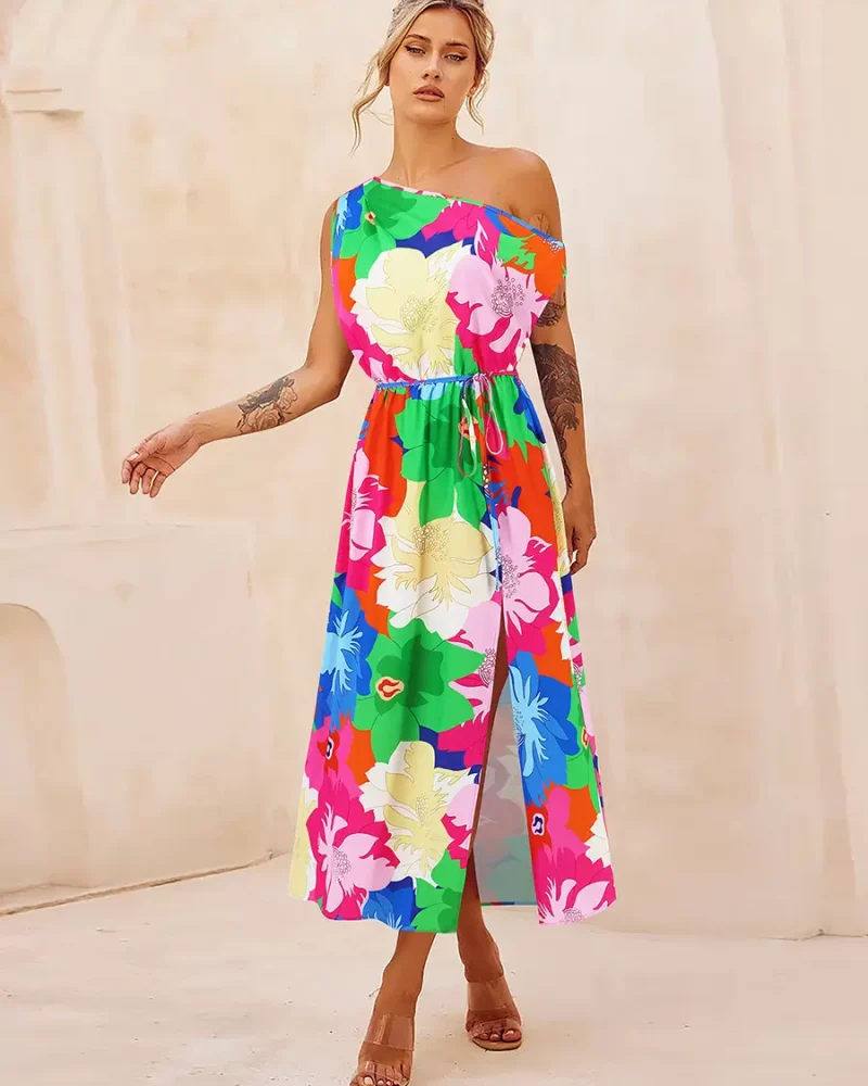Elegant Floral Party Dress One Shoulder Belted Asymmetrical Comfortable Midi Dress