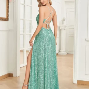 Elegant Formal Sequin V-Neck Slit Party Prom Cocktail Long Dresses - Image 5