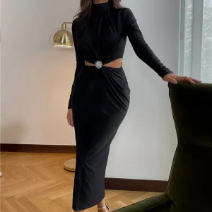 Elegant Hollow Out Turtleneck Long Sleeve Bodycon Club Party Evening Dress - Image 7