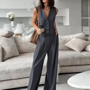 Elegant Pant Set Chic Daily V-neck Casual Buttons Polyester - Image 3