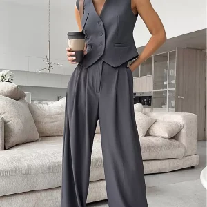 Elegant Pant Set Chic Daily V-neck Casual Buttons Polyester - Image 2