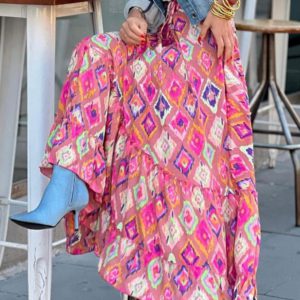 Elegant Raised Waist Skirt Ruffles Print Long Bottoms long Skirts