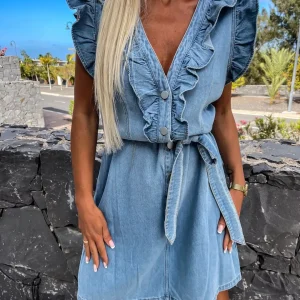 Elegant V Neck Denim Flying Sleeve Lace-up Ruffle Slim Fashion Short Dress - Image 3