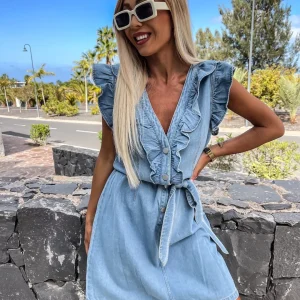 Elegant V Neck Denim Flying Sleeve Lace-up Ruffle Slim Fashion Short Dress - Image 2