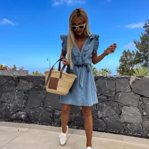 Elegant V Neck Denim Flying Sleeve Lace-up Ruffle Slim Fashion Short Dress - Image 4