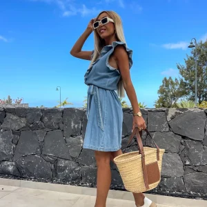 Elegant V Neck Denim Flying Sleeve Lace-up Ruffle Slim Fashion Short Dress - Image 5