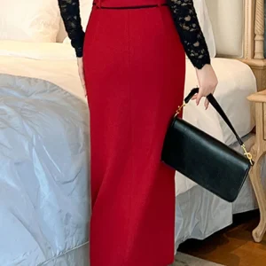 Fashion Woolen Formal Women Slim Pencil Long Skirts Elegant Office Belt High Waist Package Hip Midi Skirt Street Clothes Outfits - Image 4