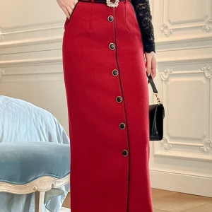 Fashion Woolen Formal Women Slim Pencil Long Skirts Elegant Office Belt High Waist Package Hip Midi Skirt Street Clothes Outfits - Image 3
