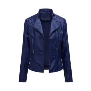 Faux Leather Jacket Pockets Decoration Coat Moto Biker Zipper Jacket - Image 14