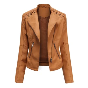 Faux Leather Jacket Pockets Decoration Coat Moto Biker Zipper Jacket - Image 13