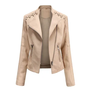 Faux Leather Jacket Pockets Decoration Coat Moto Biker Zipper Jacket - Image 12
