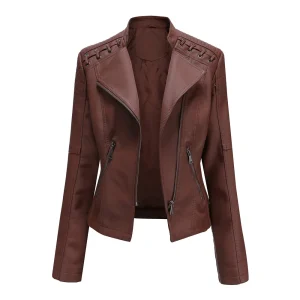 Faux Leather Jacket Pockets Decoration Coat Moto Biker Zipper Jacket - Image 11