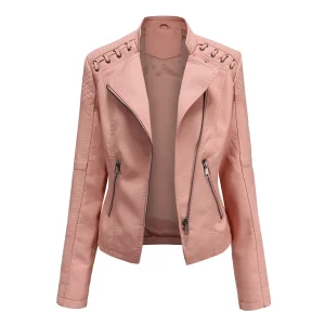 Faux Leather Jacket Pockets Decoration Coat Moto Biker Zipper Jacket - Image 10
