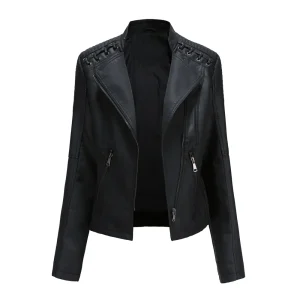 Faux Leather Jacket Pockets Decoration Coat Moto Biker Zipper Jacket - Image 9