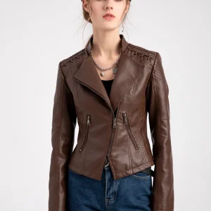 Faux Leather Jacket Pockets Decoration Coat Moto Biker Zipper Jacket