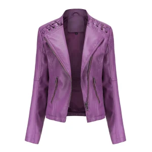 Faux Leather Jacket Pockets Decoration Coat Moto Biker Zipper Jacket - Image 5