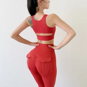 Fitness Sports Set Tracksuit 2 Piece Suit Yoga High Waist Leggings With Pocket Bra Workout Gym Outfit Clothes - Image 4