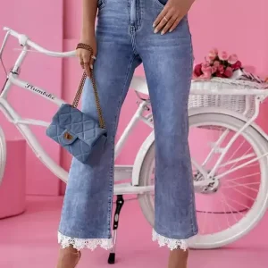 Flared Bottom Chic Lace Raised Waist Denim Jeans Pants