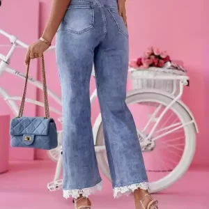 Flared Bottom Chic Lace Raised Waist Denim Jeans Pants - Image 6