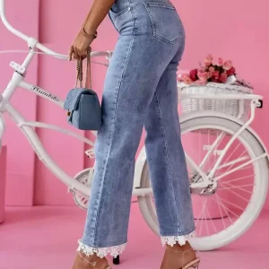 Flared Bottom Chic Lace Raised Waist Denim Jeans Pants - Image 4