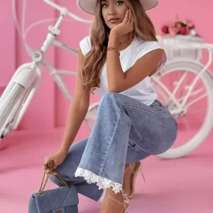 Flared Bottom Chic Lace Raised Waist Denim Jeans Pants - Image 3