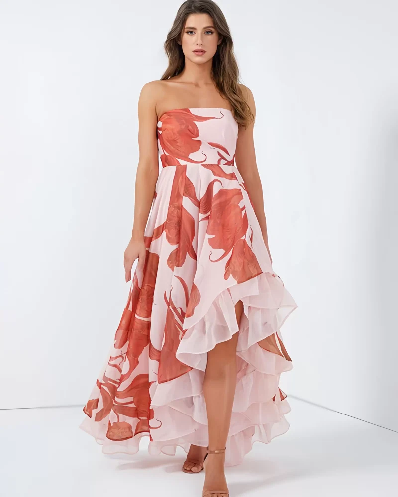 Floral Dress Midi Dress Floral Print Sleeveless Strapless Elegant High Low Design Strapless Ruffles