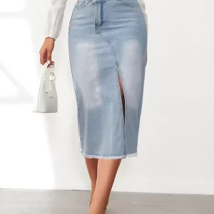 Front Slit Skirts Asymmetrical Raised Waist Denim Chic Long Bottoms