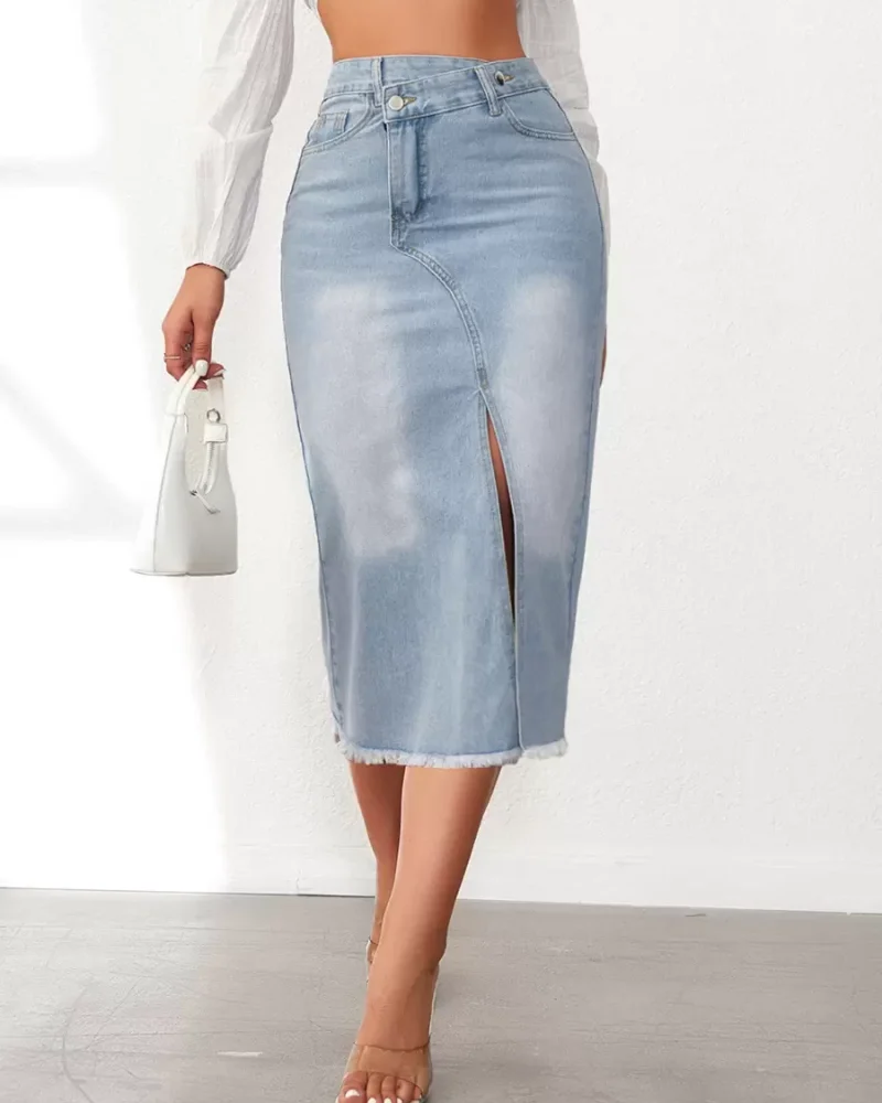 Front Slit Skirts Asymmetrical Raised Waist Denim Chic Long Bottoms