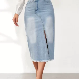 Front Slit Skirts Asymmetrical Raised Waist Denim Chic Long Bottoms - Image 3