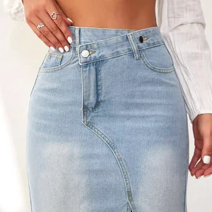 Front Slit Skirts Asymmetrical Raised Waist Denim Chic Long Bottoms - Image 2