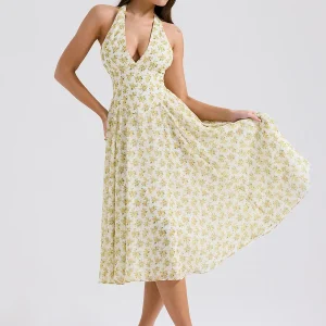 Halterneck Deep V Backless Printed Lined  Elegant Dress - Image 3